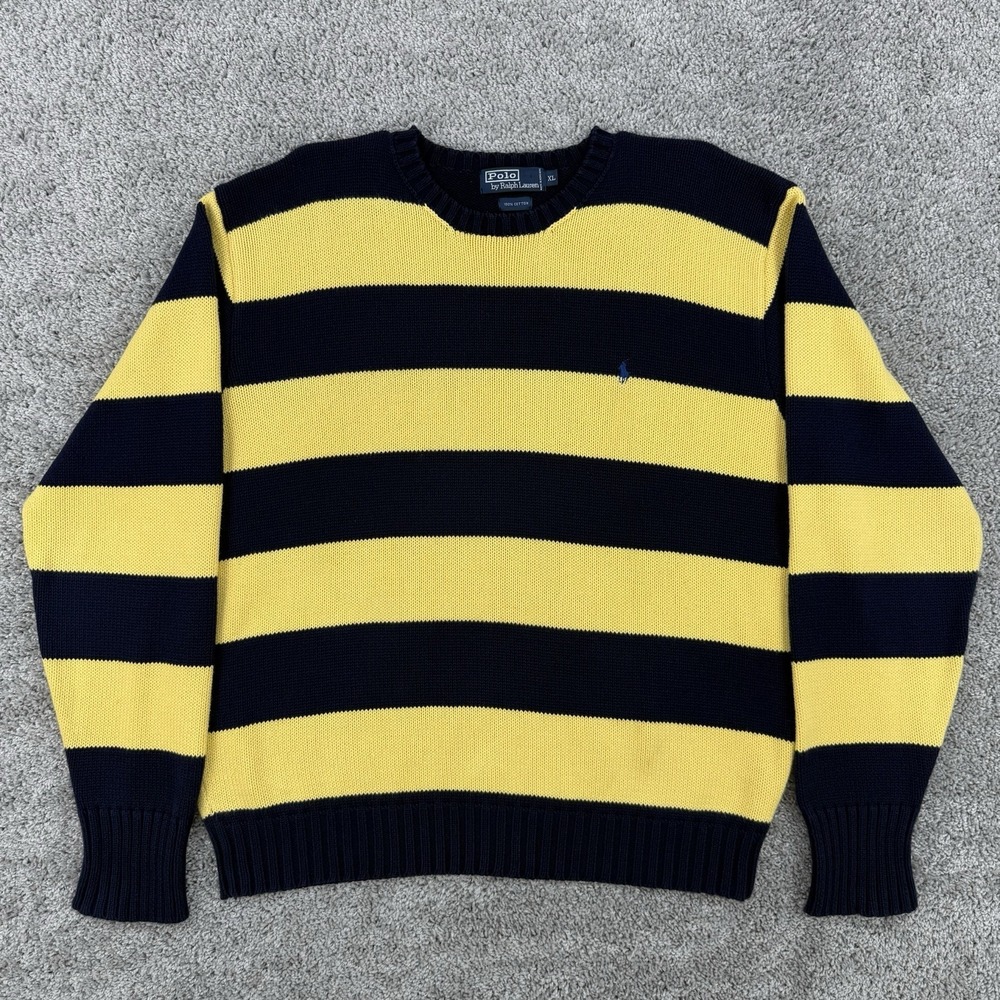 Polo Ralph Lauren Sweater Mens XL Navy/Yellow Striped VTG 90s Fisherman Nautical